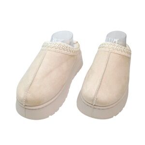 Womens Platform Slippers Faux Suede Fur Lined Mules Cream Beige Size 39 EU 8 US